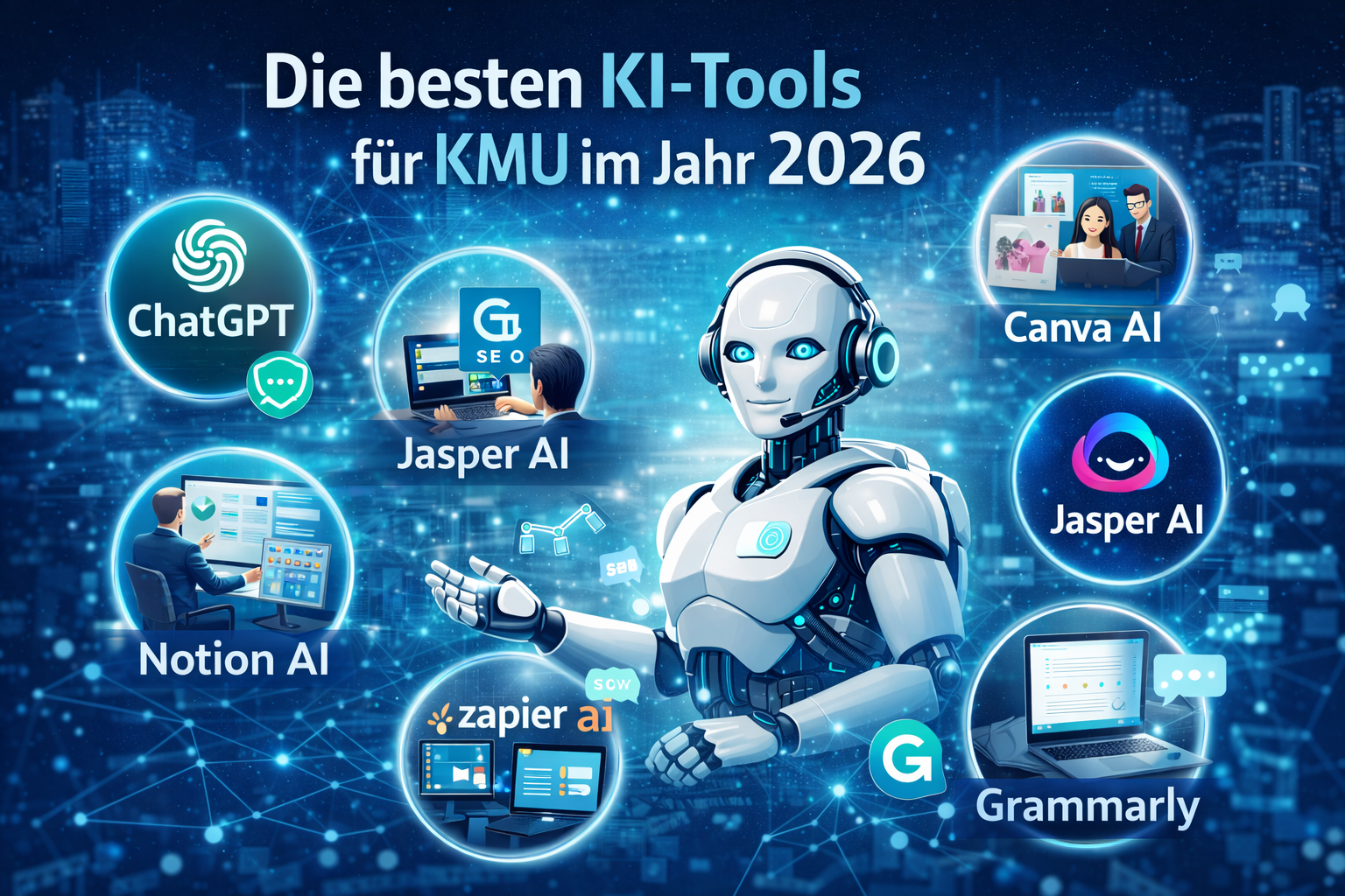 **Bildbeschreibung (für SEO und Artikel):** Diese moderne und futuristische Illustration zeigt die wichtigsten KI-Tools für kleine und mittlere Unternehmen im Jahr 2026. Im Zentrum des Bildes befindet sich ein humanoider Roboter, der künstliche Intelligenz symbolisiert und die digitale Transformation im Business-Bereich repräsentiert. Rund um den Roboter sind verschiedene bekannte KI-Tools visuell dargestellt, darunter ChatGPT, Canva AI, Jasper AI, Notion AI, Grammarly und Zapier AI. Jedes Tool steht für einen bestimmten Einsatzbereich wie Content-Erstellung, Marketing, Automatisierung, Design und Produktivität. Der Hintergrund zeigt eine digitale Stadt mit vernetzten Datenpunkten und Linien, die die zunehmende Vernetzung und Automatisierung in der modernen Geschäftswelt verdeutlichen. Die blauen und leuchtenden Farben unterstreichen die technologische Atmosphäre und die Zukunftsorientierung des Themas. Das Bild vermittelt klar die zentrale Botschaft: KI-Tools spielen eine entscheidende Rolle für den Erfolg von Unternehmen und helfen insbesondere KMU dabei, effizienter zu arbeiten, Kosten zu senken und wettbewerbsfähig zu bleiben.