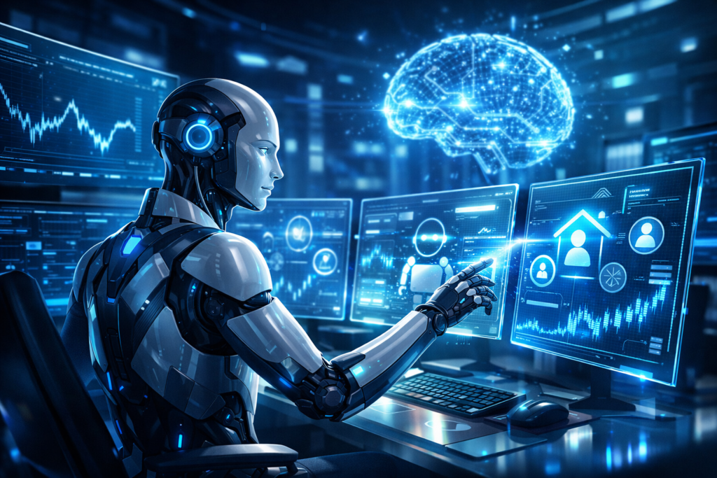 KI Agenten Beispiele futuristische künstliche Intelligenz arbeitet mit Daten 2026