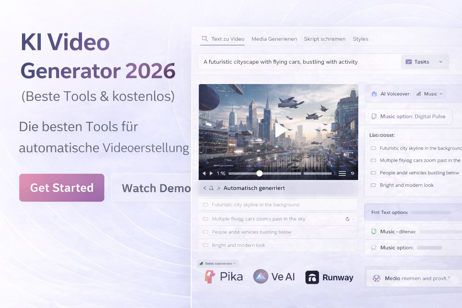 KI Video Generator 2026 interface showing automatic video creation, text-to-video AI tools and content generation features
