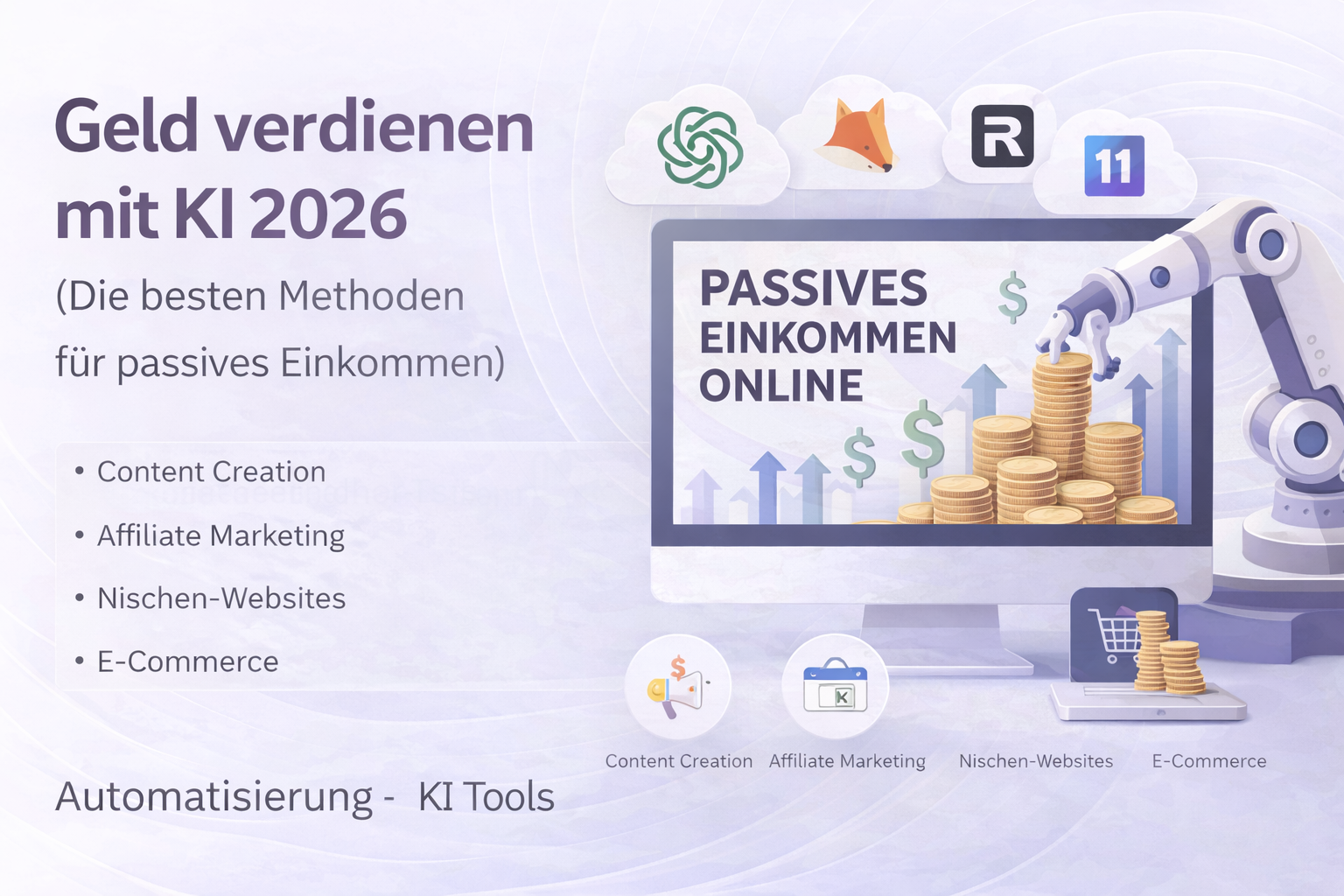 Geld verdienen mit KI 2026 showing AI tools, online income strategies, and digital business automation concepts
