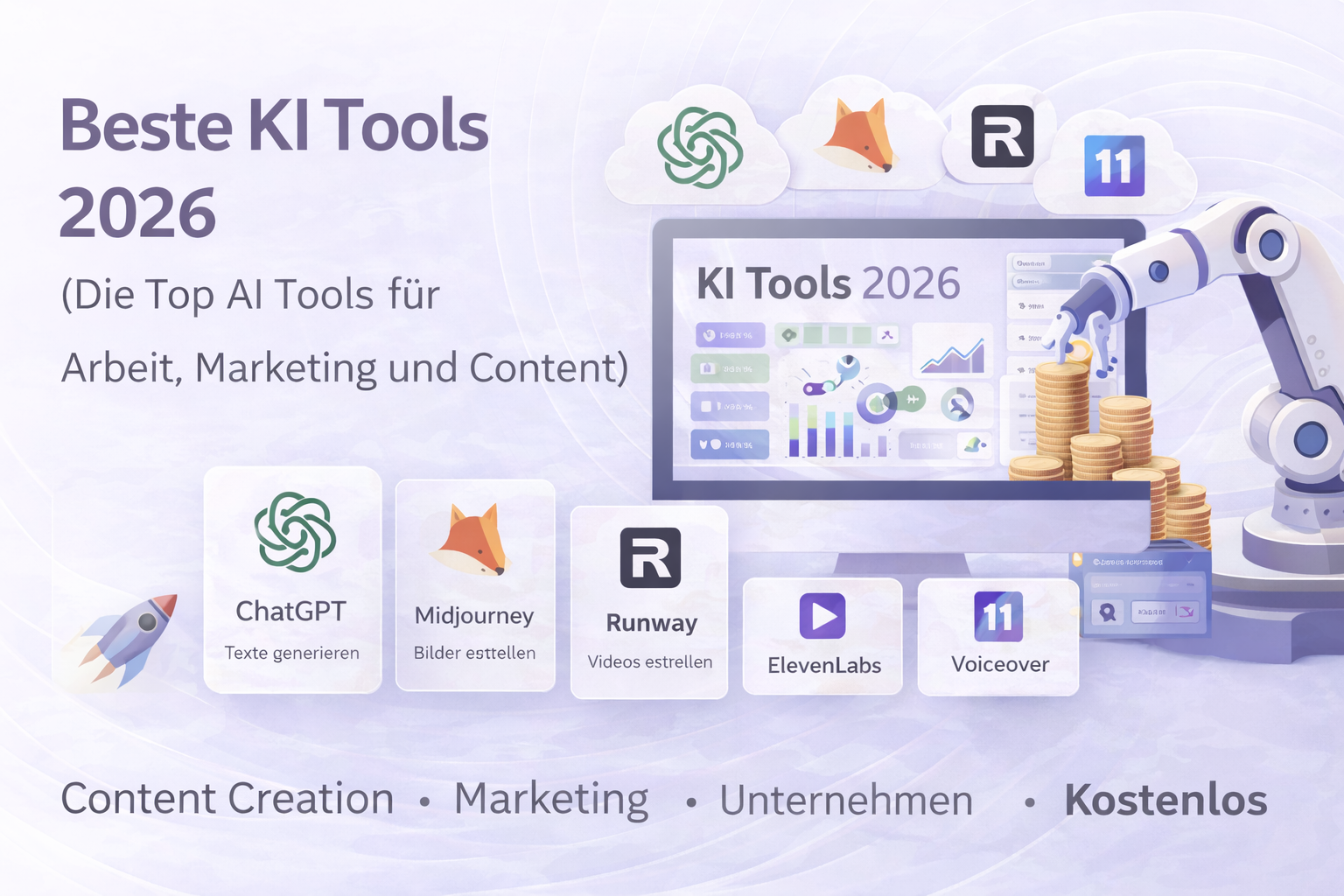 Beste KI Tools 2026 dashboard showing AI tools for content creation, marketing automation and productivity